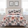 Full/Queen Coral Grey Flowers Lightweight Polyester Microfiber Quilt Set