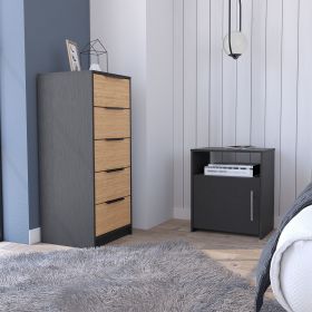 Patten Two Piece Bedroom Set, Egeo Five Drawer Dresser + Omaha Nightstand, Black / Light Oak