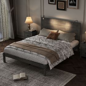 Farmhouse Wooden Platform Queen Size Bed, Modern Platform Bed with Two Bedside Lights, Antique Gray