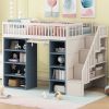 Full Size Loft Bed with 2 Four-layer Storage Cabinets and Curtain,White+Blue