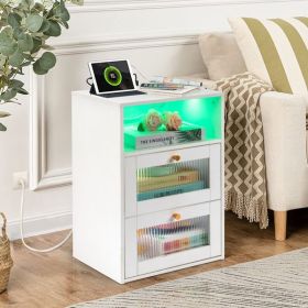 FCH White Hemp Surface Particle Board Changhong Glass 40*35*60cm 2 Drawers 1-Layer Bedside Table Wireless Charging + 2 USB + 2 sockets Light Strip RGB
