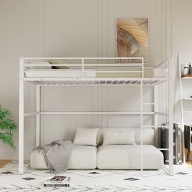 Metal Loft Bed Twin Size, Loft Bed Frame with Safety Guard Rails & Flat Ladder, Twin Loft Bed for Kids Teens Adults, White