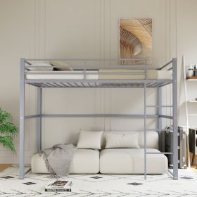 Metal Loft Bed Twin Size, Loft Bed Frame with Safety Guard Rails & Flat Ladder, Twin Loft Bed for Kids Teens Adults, Gray
