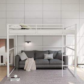 Metal Loft Bed Full Size, Loft Bed Frame with Safety Guard Rails & Flat Ladder, Twin Loft Bed for Kids Teens Adults, White