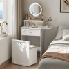 White Makeup Vanity Desk with Round Mirror and Lights, 2 in 1 Nightstand, Dressing Table with a Chair