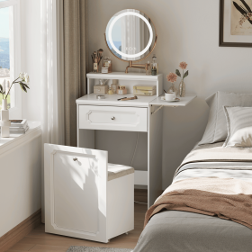 White Makeup Vanity Desk with Round Mirror and Lights, 2 in 1 Nightstand, Dressing Table with a Chair
