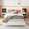 Queen Size Wooden Floating Platform Bed, with LED Lights, Bedside Nightstand, White