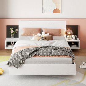 Queen Size Wooden Floating Platform Bed, with LED Lights, Bedside Nightstand, White