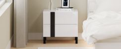 Modern High Gloss 3-Piece Bedroom Set Floating Bed Frame Queen Size Platform Bed with LED Light & 2 Nightstands, White