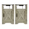 Farmhouse Nightstand Side Table, Wooden Rustic End Table, Tall Bedside Table with Electrical Outlets Charging Station (2 Sets) - Light Gray
