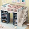 Full Size Loft Bed with 2 Four-layer Storage Cabinets and Curtain,White+Blue