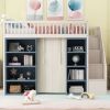 Full Size Loft Bed with 2 Four-layer Storage Cabinets and Curtain,White+Blue