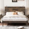 Farmhouse Wooden Platform Full Size Bed, Modern Platform Bed with Two Bedside Lights, Antique Walnut