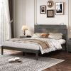 Farmhouse Wooden Platform Queen Size Bed, Modern Platform Bed with Two Bedside Lights, Antique Gray