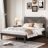 Farmhouse Wooden Platform Full Size Bed, Modern Platform Bed with Two Bedside Lights, Antique Gray