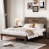 Farmhouse Wooden Platform Full Size Bed, Modern Platform Bed with Two Bedside Lights, Antique Walnut