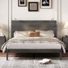 Farmhouse Wooden Platform Queen Size Bed, Modern Platform Bed with Two Bedside Lights, Antique Gray