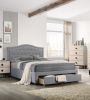 Light Grey Burlap Fabric 1pcs Queen Size Bed w Drawer Button Tufted Arch Design Headboard Storage FB Bedframe Bedroom Furniture
