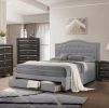 Light Grey Burlap Fabric 1pcs Queen Size Bed w Drawer Button Tufted Arch Design Headboard Storage FB Bedframe Bedroom Furniture