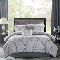 12 Piece Comforter Set With Cotton Bed Sheets Silver Queen (Color: Silver)