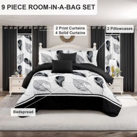 9 Piece Soft All-Season Washed Microfiber Cover Set , Queen/King/Calking Bedding Set With Pillowcases,Bedspread Print Curtains & Solid Curtains,Print (Color: black/white feather, size: QUEEN)