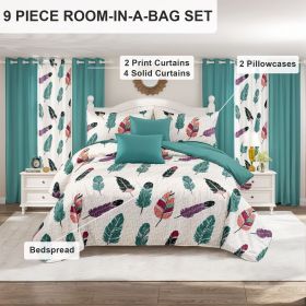 9 Piece Soft All-Season Washed Microfiber Cover Set , Queen/King/Calking Bedding Set With Pillowcases,Bedspread Print Curtains & Solid Curtains,Print (Color: colorful feather, size: CAL KING)