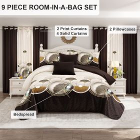 9 Piece Soft All-Season Washed Microfiber Cover Set , Queen/King/Calking Bedding Set With Pillowcases,Bedspread Print Curtains & Solid Curtains,Print (Color: Brown leaves, size: KING)