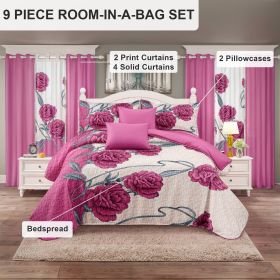 9 Piece Soft All-Season Washed Microfiber Cover Set , Queen/King/Calking Bedding Set With Pillowcases,Bedspread Print Curtains & Solid Curtains,Print (Color: Pink/White Rose, size: CAL KING)
