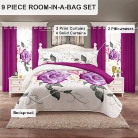 9 Piece Soft All-Season Washed Microfiber Cover Set , Queen/King/Calking Bedding Set With Pillowcases,Bedspread Print Curtains & Solid Curtains,Print (Color: pink rose, size: KING)