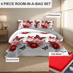4 Piece Soft All-Season Washed Microfiber Cover Set , Queen/King/Calking Bedding Set With Zipper Closure, Sheet, Pillowcases,Print, Moisture-Wicking (Color: red butterfly peony, size: QUEEN)