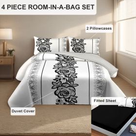 4 Piece Soft All-Season Washed Microfiber Cover Set , Queen/King/Calking Bedding Set With Zipper Closure, Sheet, Pillowcases,Print, Moisture-Wicking (Color: black/white boho flower, size: KING)