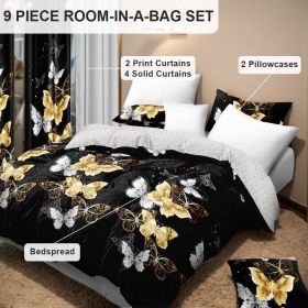 9 Piece Soft All-Season Washed Microfiber Cover Set , Twin/Queen/King/Calking Bedding Set With Pillowcases,Bedspread Print Curtains & Solid Curtains (Color: black/gold butterfly, size: KING)