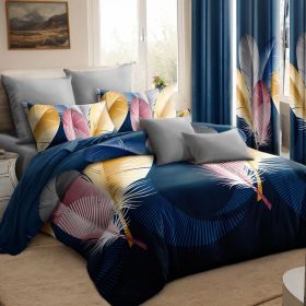 9 Piece in a Bag Thick Touch Bed Cover Curtain Set, Upgraded Luxury Bedspread Set, Bamboo microfiber All Season Bedding-Set For Home, RV Beding (Color: Blue Feather, size: QUEEN)
