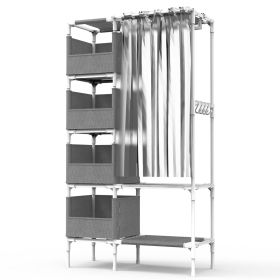 Portable Closet Wardrobe Clothes Storage Cabinet Organizer Garment Hanging Rack Shelves (Color: Grey)