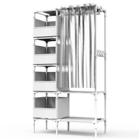 Portable Closet Wardrobe Clothes Storage Cabinet Organizer Garment Hanging Rack Shelves (Color: White)