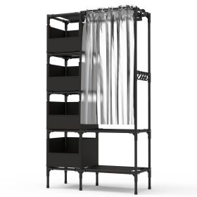 Portable Closet Wardrobe Clothes Storage Cabinet Organizer Garment Hanging Rack Shelves (Color: Black)