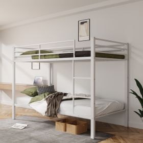 Metal Bunk Bed Twin Over Twin, Low Profile Bunk Bed Frame withBuilt-in Ladder, High Guardrail and Metal Slats (Main Material: Iron, Main Color: White)